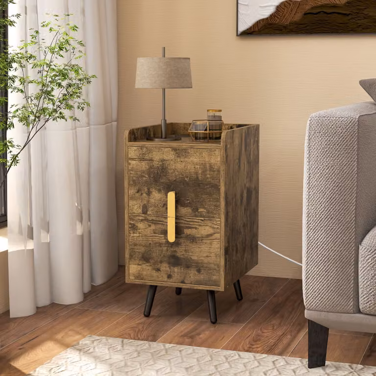 Comodino Costway con stazione di ricarica e 2 cassetti, tavolino moderno marrone con gambe in metallo e porte USB per camera da letto o soggiorno