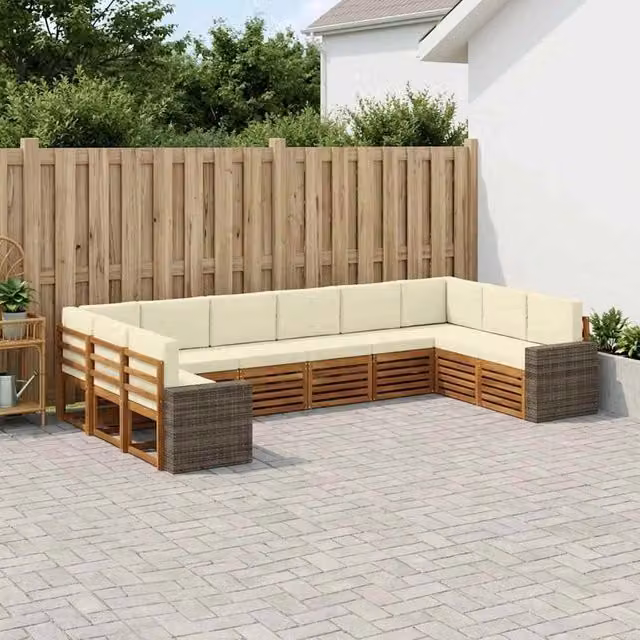 Set di divani da esterno a L vidaXL in legno di acacia con cuscini beige e bianco – 1