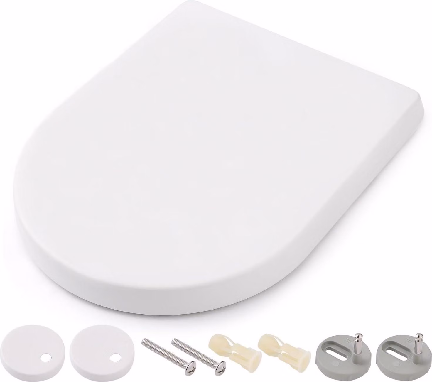 Copertura per WC a forma di D, 450 x 361 x 53 mm, bianca, in plastica antibatterica, con sistema di chiusura rallentata, ideale per uso domestico