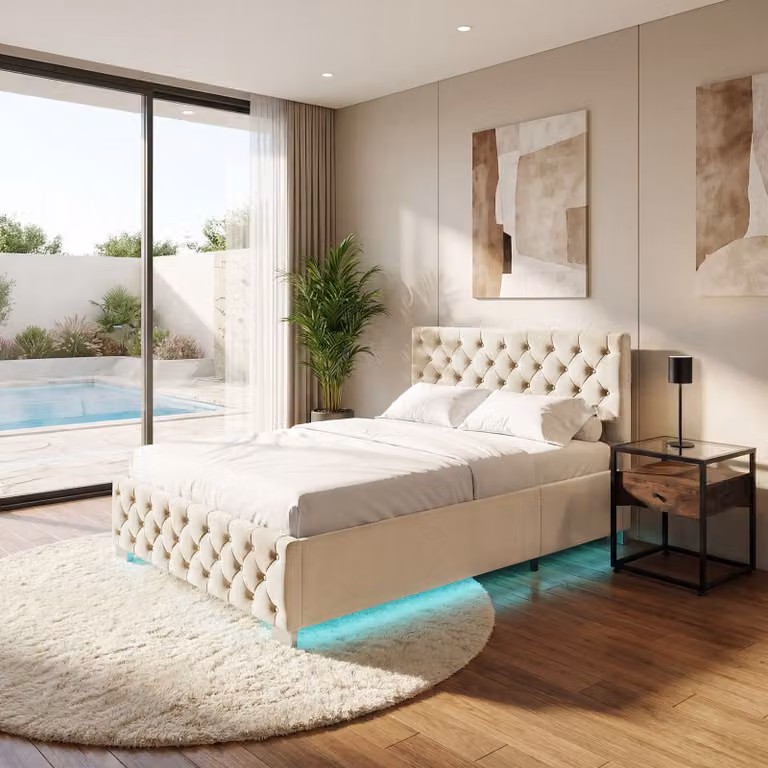 Letto imbottito con contenitore a sollevamento e illuminazione LED Tectake in velluto color sabbia L/P/H: 200 x 140 x 148 cm