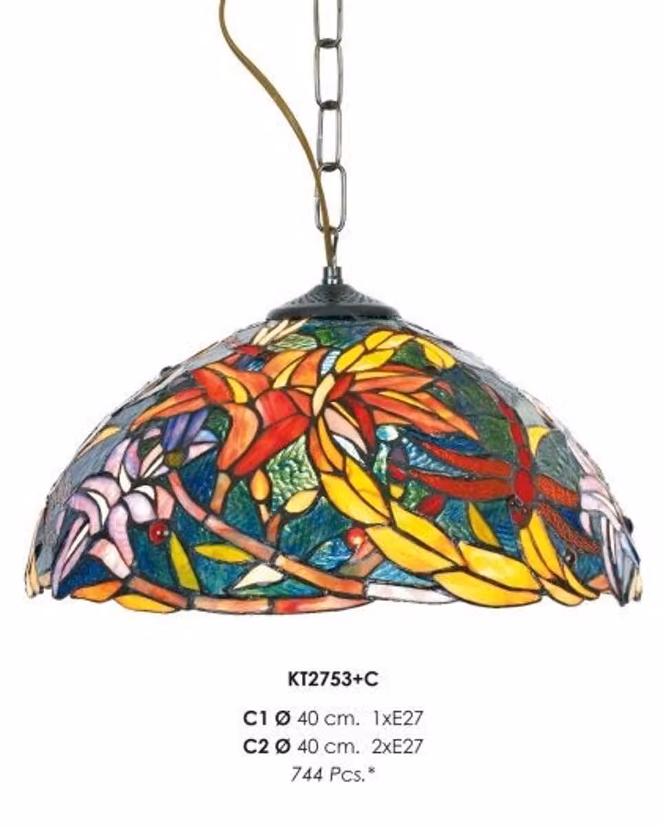 Lampada a sospensione Casa Padrino, stile Tiffany, con mosaico in vetro giallo, verde e rosso, diametro 40 cm - Lampada da soffitto in stile barocco