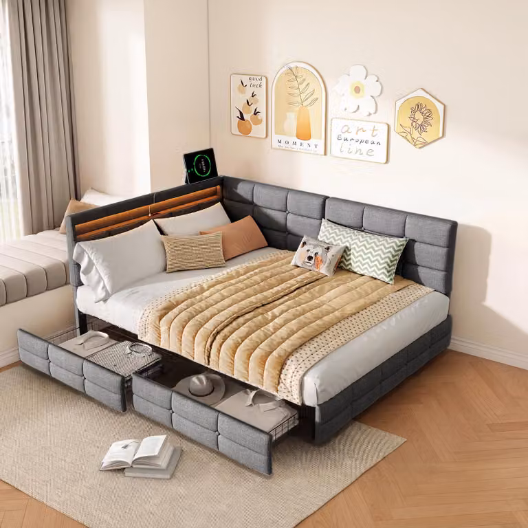 Letto imbottito ProximaX 140x190 cm, tessuto di lino grigio, testiera a L, illuminazione a LED, presa USB, cassetti ai piedi del letto