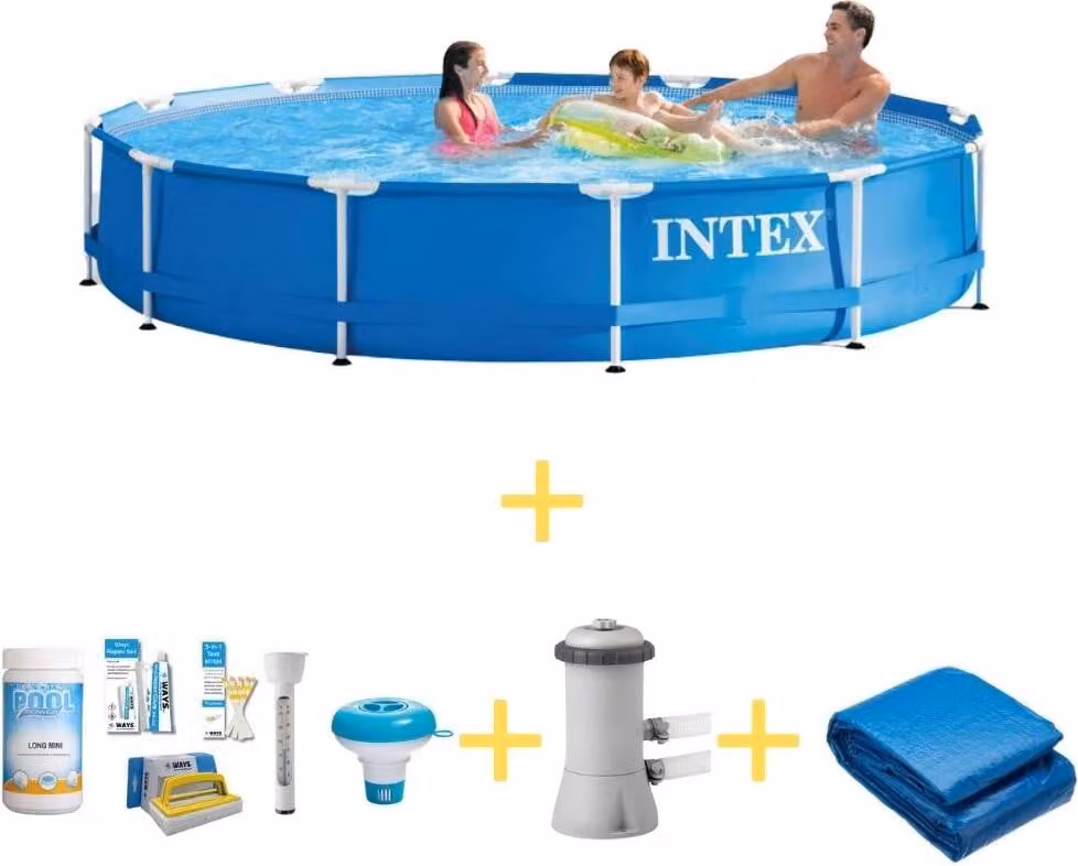 Piscina Intex con struttura in metallo - 366 x 76 cm - Pacchetto manutenzione WAYS, pompa filtro e telo di fondo