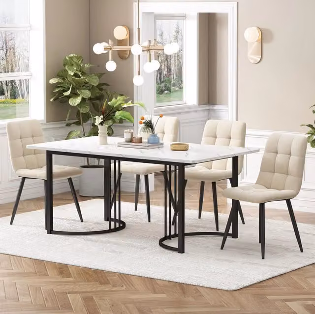 Set da pranzo 5 pezzi 140 x 80 cm MDF bianco effetto marmo, sedie velluto beige