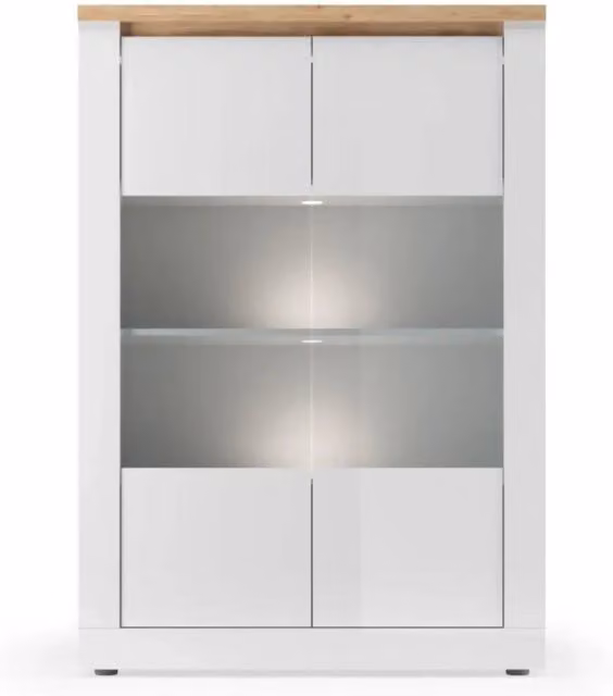 Vetrina SASHA – 2 porte in vetro +3 scaffali con LED integrato – Bianco lucido e Rovere Cadiz