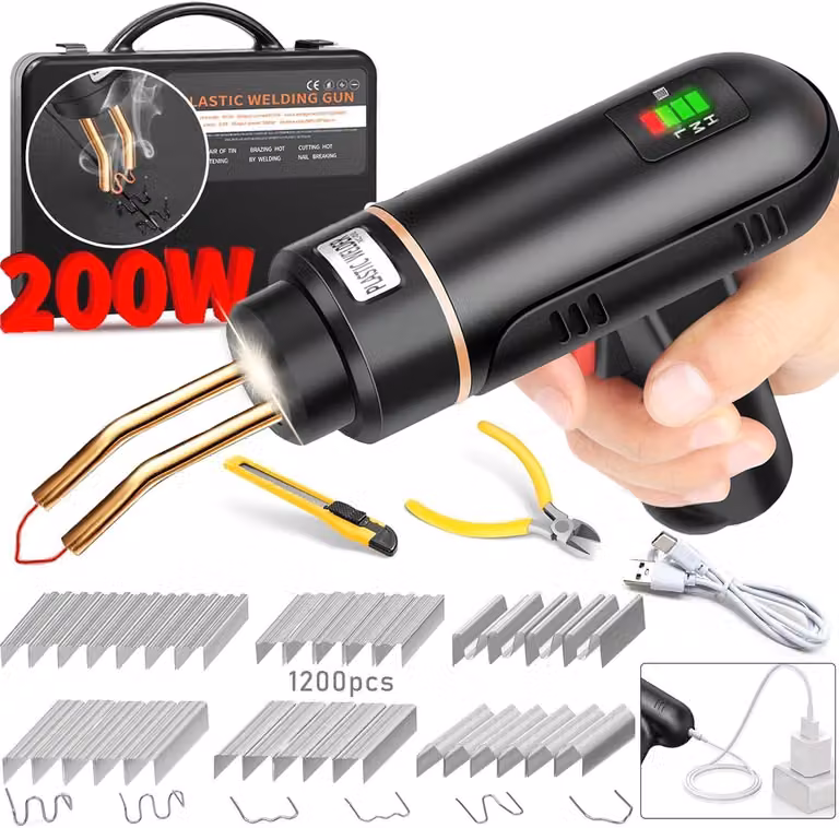 Saldatrice plastica wireless da 200W, ricaricabile tramite USB, con batteria da 5000 mAh e 1200 kit di riparazione plastica