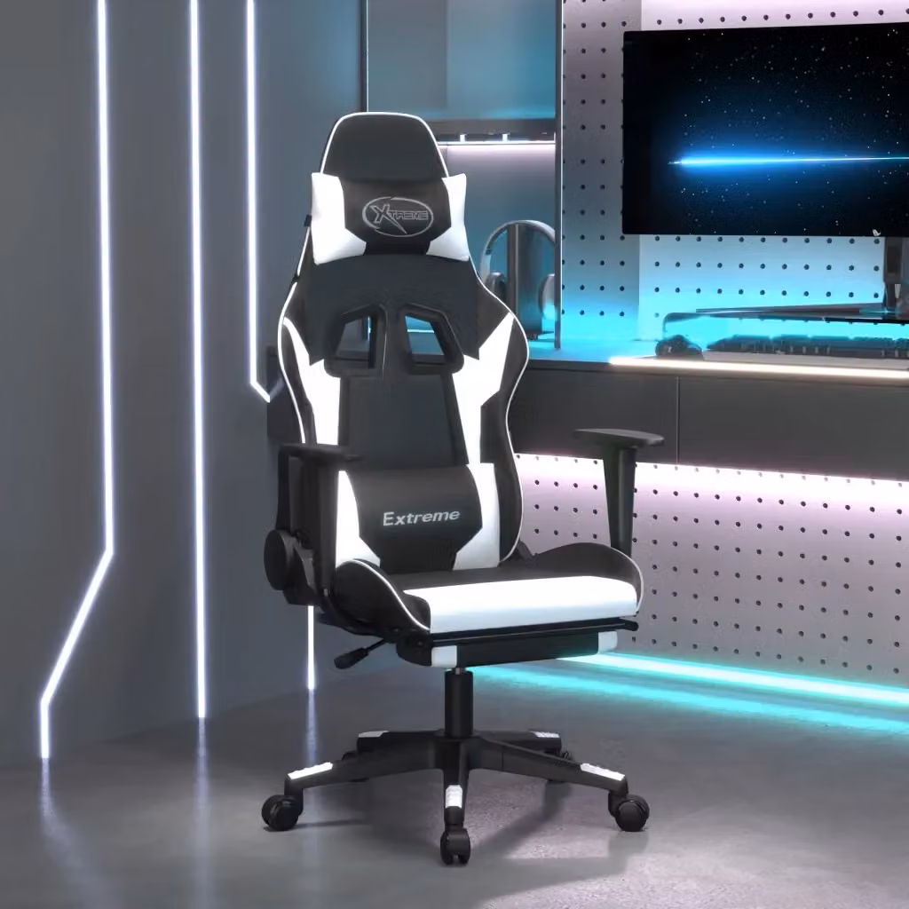 Sedia da Gaming Sportiva con Poggiapiedi e Riposatesta in Similpelle, Nero e Bianco – 2