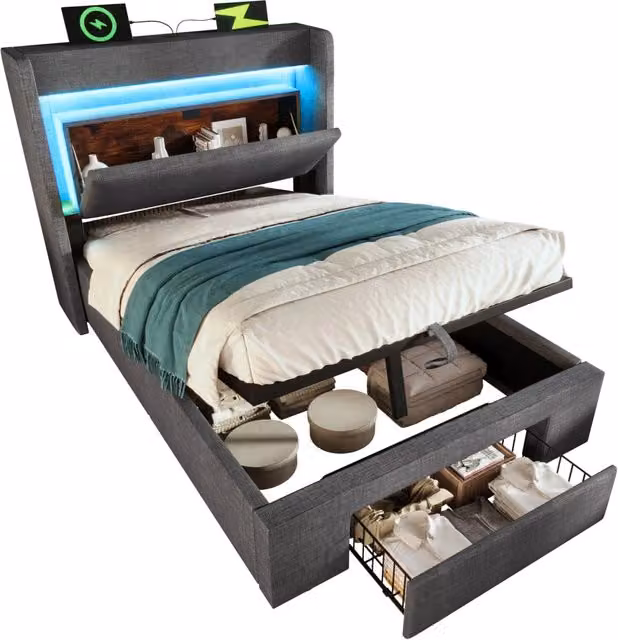 Letto imbottito 90x200 cm con contenitore idraulico, testiera con vano portaoggetti, LED, porte USB e USB-C, rete a doghe, grigio, tessuto