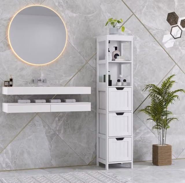 Colonna bagno salvaspazio MODFU in MDF bianco con 3 cassetti e 2 vani aperti L/P/H: 30 x 30 x 142,4 cm