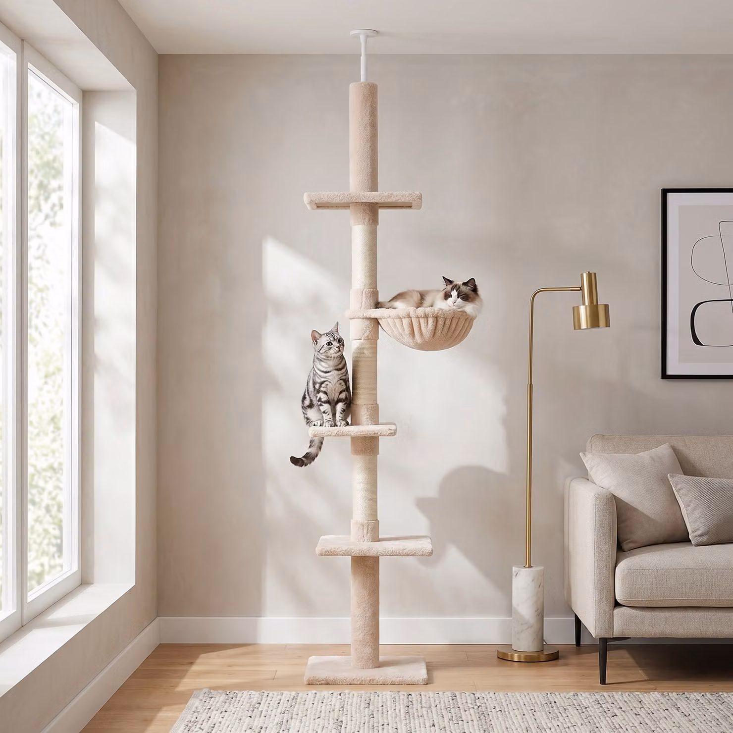 Albero Tiragraffi Multilivello PawHut con Amaca e Corda in Sisal, Altezza Regolabile, Beige, L 40 cm x P 34 cm x H 230-260 cm – 2