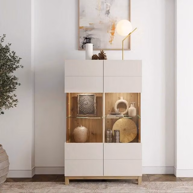 Vetrina Espositore DMORA con Ante in Vetro e 6 Ripiani, Colore Beige e Rovere, L: 90 cm, P: 35 cm, H: 146.5 cm – 1