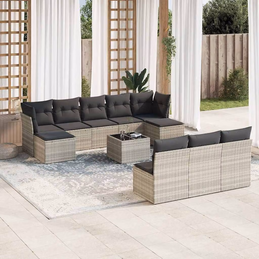 vidaXL Set Divani da Giardino 11 pz a Forma a U in Polyrattan Grigio con Cuscini e Tavolino da Esterno – 1