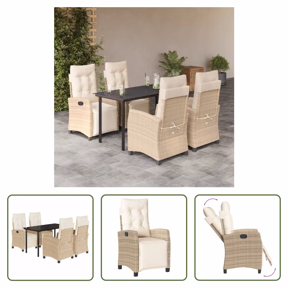 The Living Store Set da pranzo da giardino 5 pezzi con cuscini Beige poly rattan
