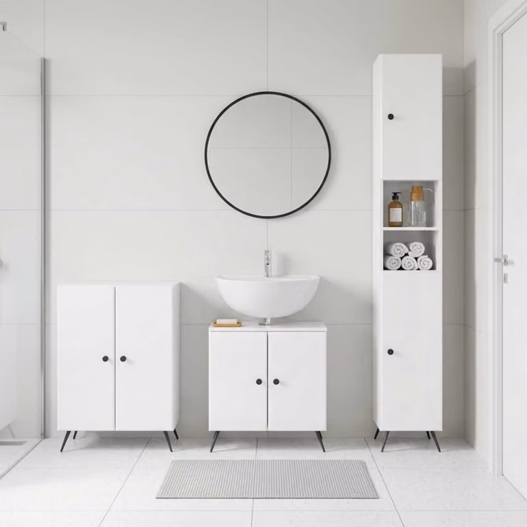 Set di armadietti da bagno 3 pezzi vidaXL BREDA Bianco Lucido L/P/H: 52,65 x 30,0 x 190,0 cm