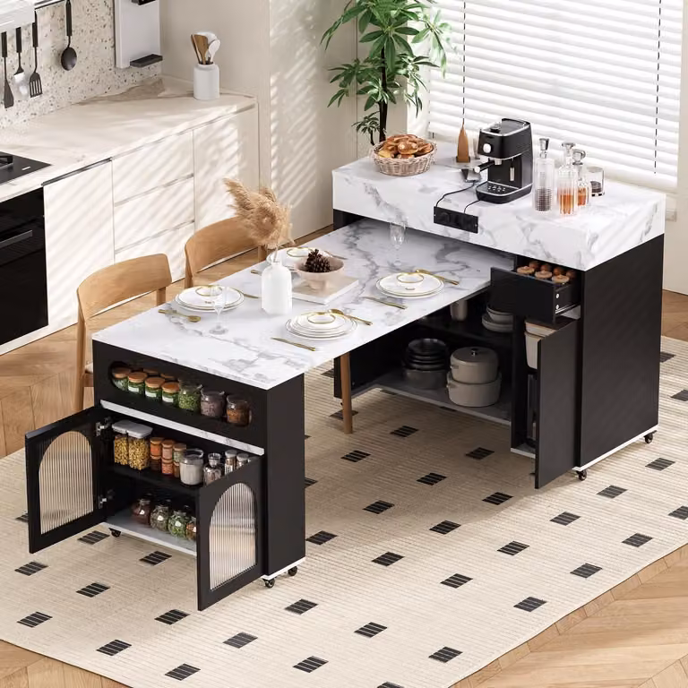 Isola da cucina con ruote, tavolo da pranzo estendibile, prese multiple, cassetto, credenza, colore nero