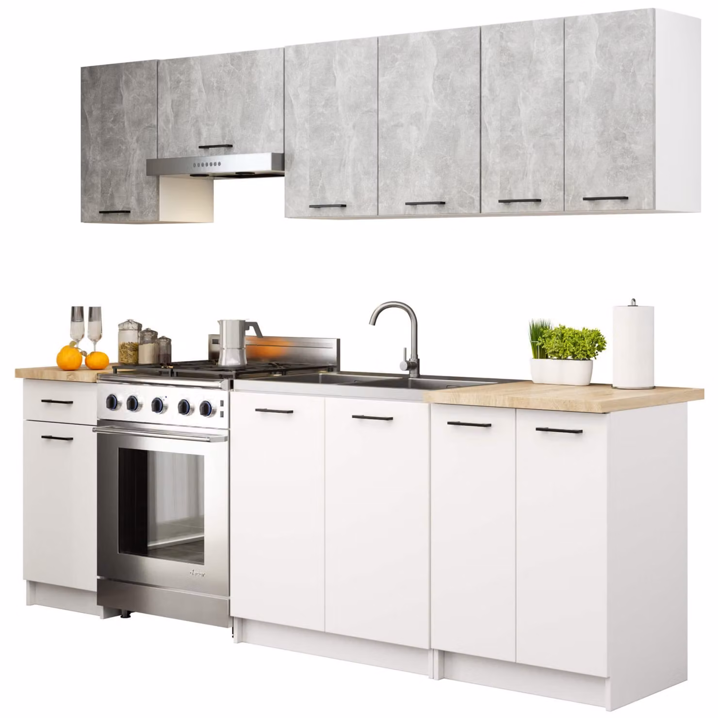 Set da cucina: una cassetta, undici ante, dodici ripiani, colore: bianco cemento