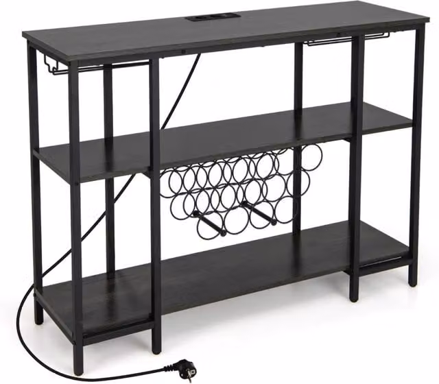 Mobile bar vino con 3 ripiani porta calici porte USB e prese struttura in metallo, Portabottiglie industriale Grigio scuro-Mobili porta liquori