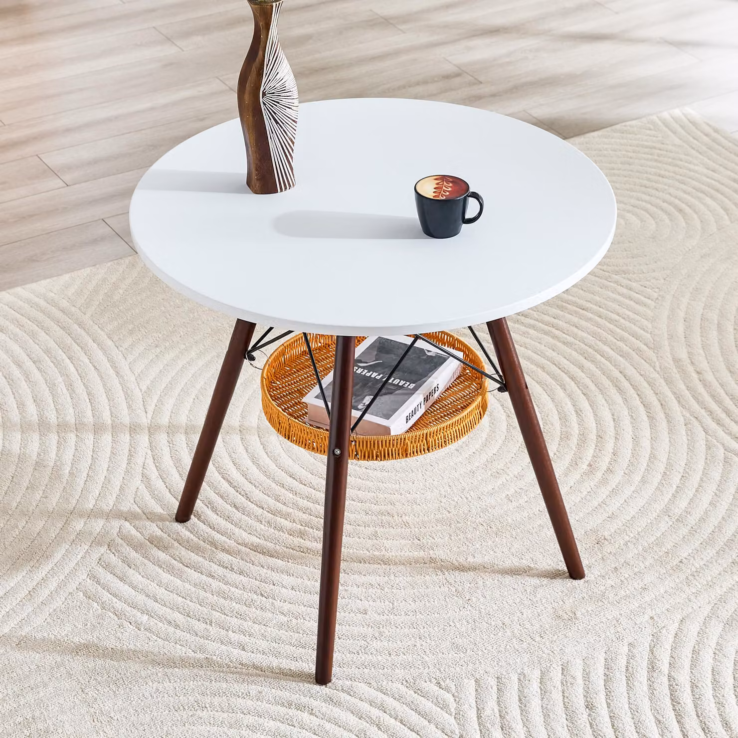 STILVORA Tavolo da pranzo rotondo da 80 cm, tavolo da pranzo con ripiano sospeso, tavolino da salotto con gambe in legno massello color noce