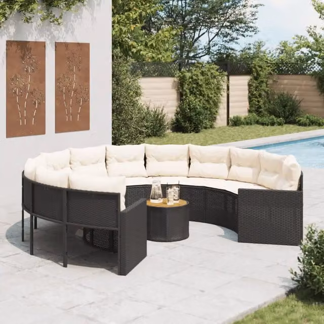Divano Giardino con Tavolo e Cuscini Circolare Nero Polyrattan 3318539