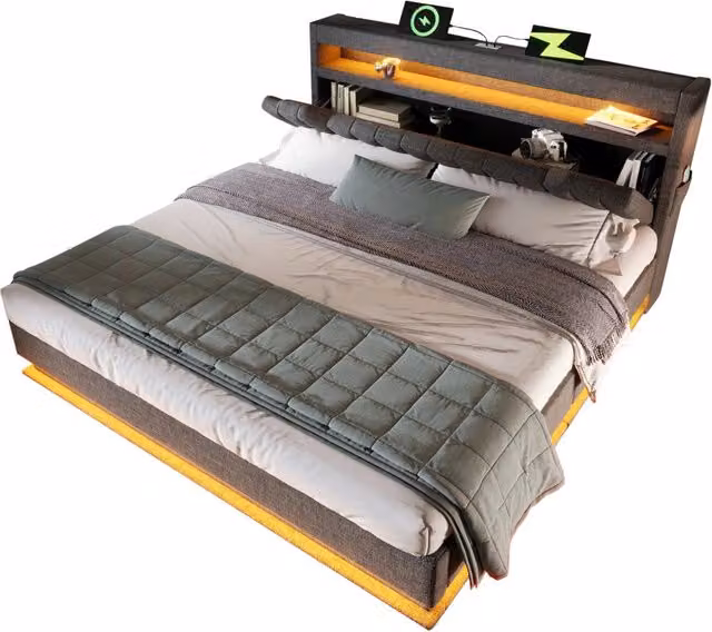 Letto matrimoniale 140x190 cm con contenitore; testiera con USB e Type-C; LED; grigio