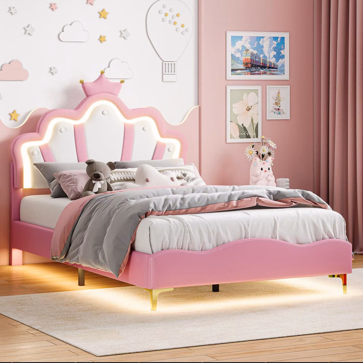 Letto per bambini 140x190 cm, imbottito con testiera a forma di , sistema RGB, testiera regolabile in altezza, rete a doghe, colore rosa, capacità fino a 200 kg, senza materasso
