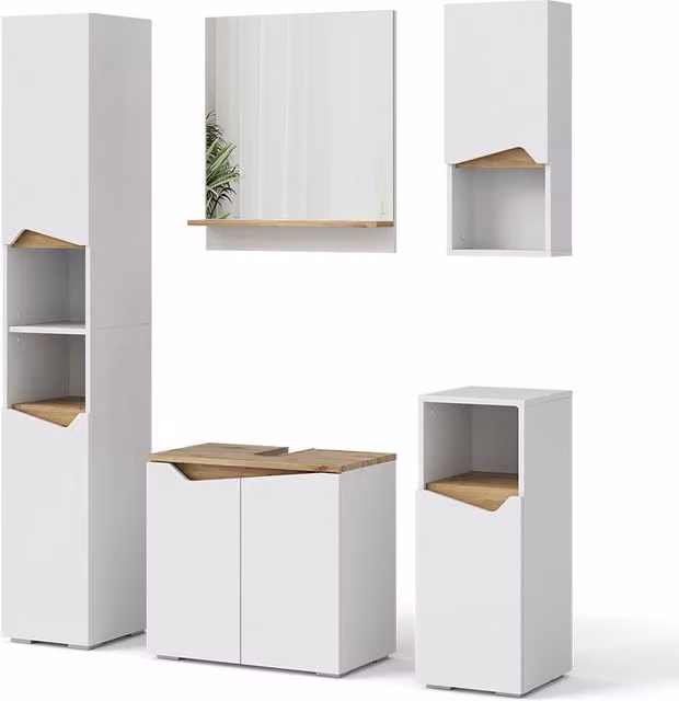 Set di mobili da bagno Marelle Bianco/Rovere artigianale 5 pezzi Vicco