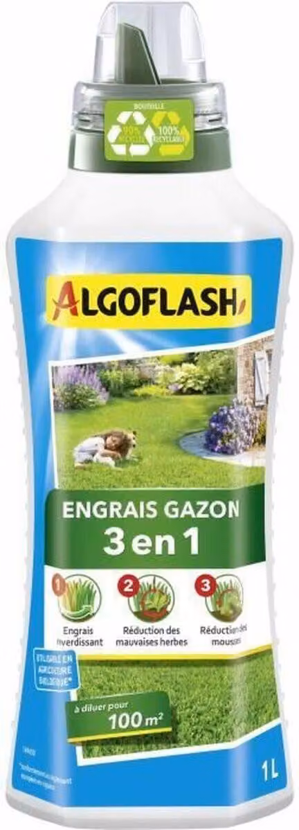 Algoflash - Concime liquido per prato -, 3 effetti, adatto all'agricoltura biologica, diluito, per 100 m², 1 L, ALGAZBIO1000