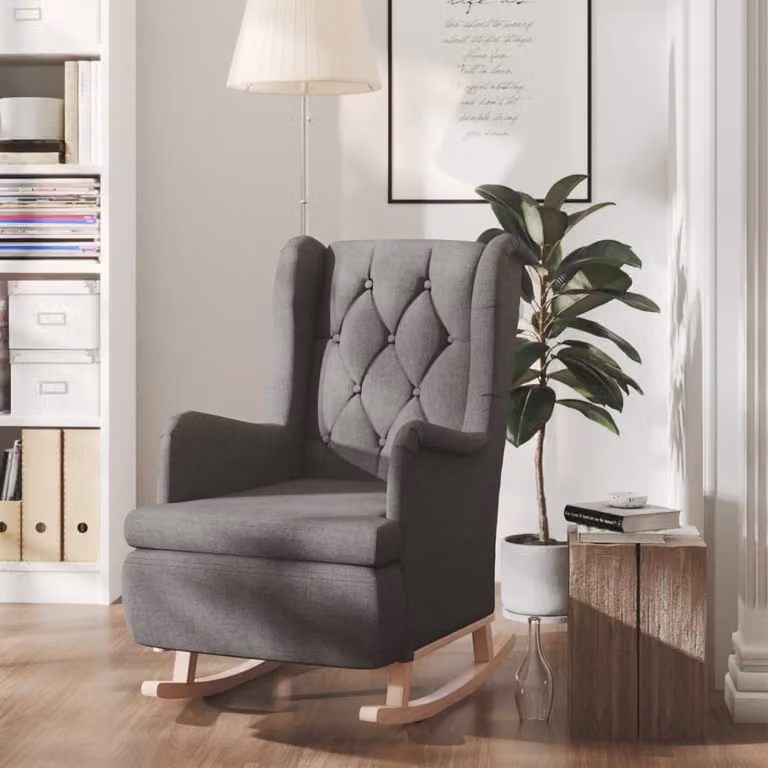 The Living Store Poltrona a dondolo con gambe in legno di gomma Tessuto grigio scuro