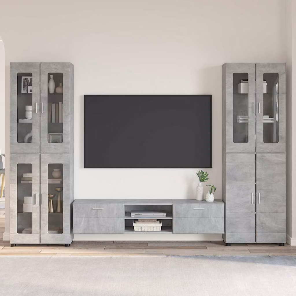 Set mobile TV moderno vidaXL FLORIN in 3 pezzi, Grigio, Legno e MDF, L: 150 cm, P: 39 cm, H: 30 cm – 1