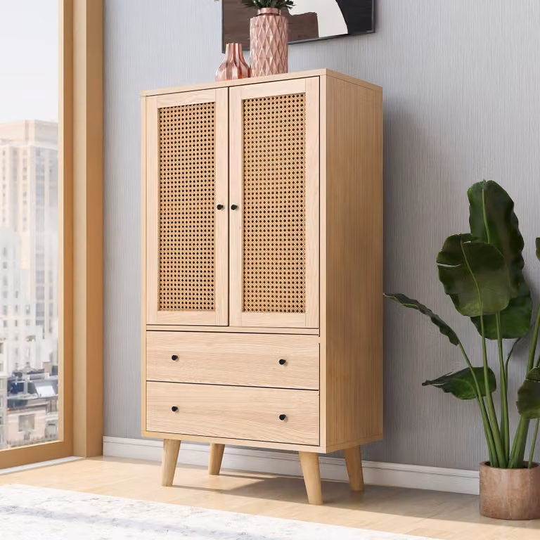 Credenza Sweiko, credenza con ante in rattan e 2 cassetti, gambe in legno, 60*40*120cm
