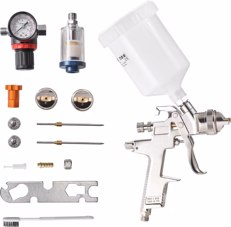 SucceBuy Pistola a spruzzo LVLP con alimentazione a gravità, dotata di 3 ugelli (1,3/1,4/1,7 mm), capacità del contenitore 600 ml, kit di verniciatura con regolatore d'aria per mobili, verniciatura di veicoli e progetti domestici