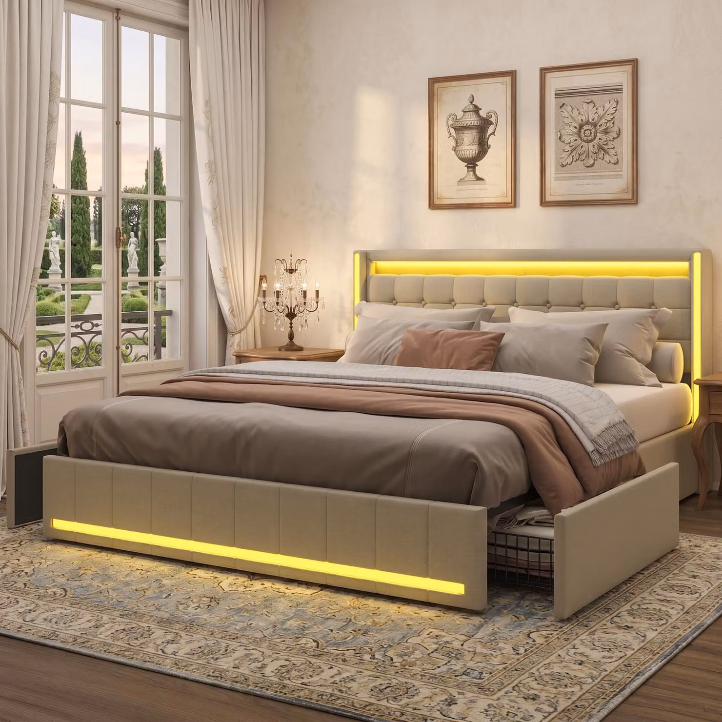 Letto matrimoniale INONEFT 180x200 con spazio contenitore, imbottito con illuminazione LED, dotato di prese USB e di tipo C, con 4 cassetti, rivestito in lino, colore beige