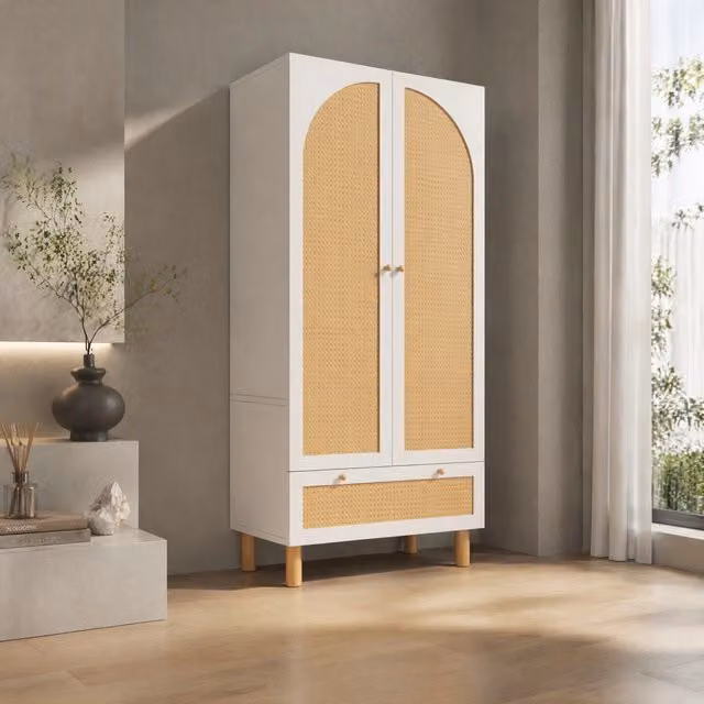 Armadio guardaroba a 2 ante con effetto rattan; 180;5x85;5x52 cm; bianco