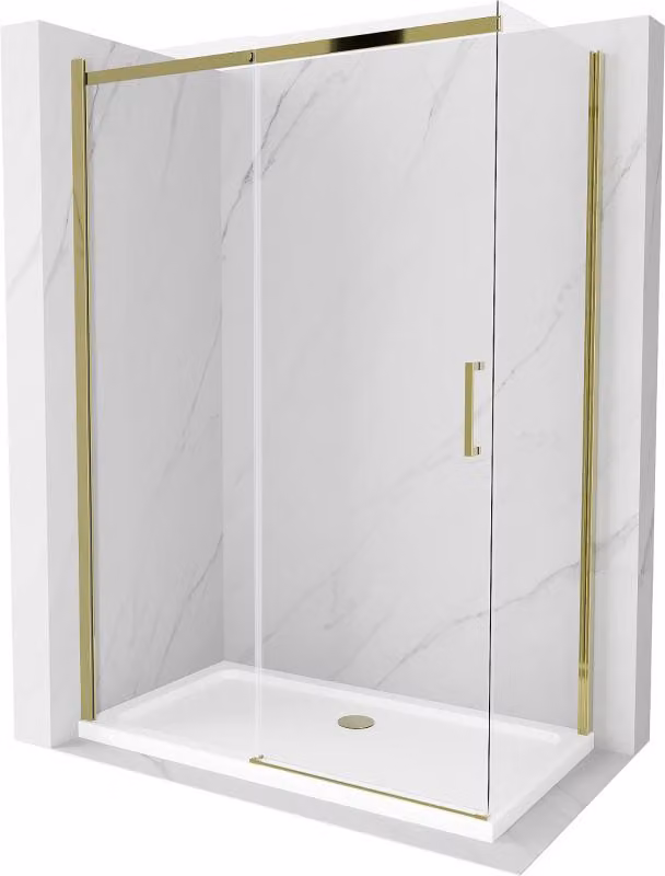 Mexen Omega cabina doccia scorrevole 140 x 70 cm, trasparente, dorata + piatto doccia Flat - 825-140-070-50-00-4010