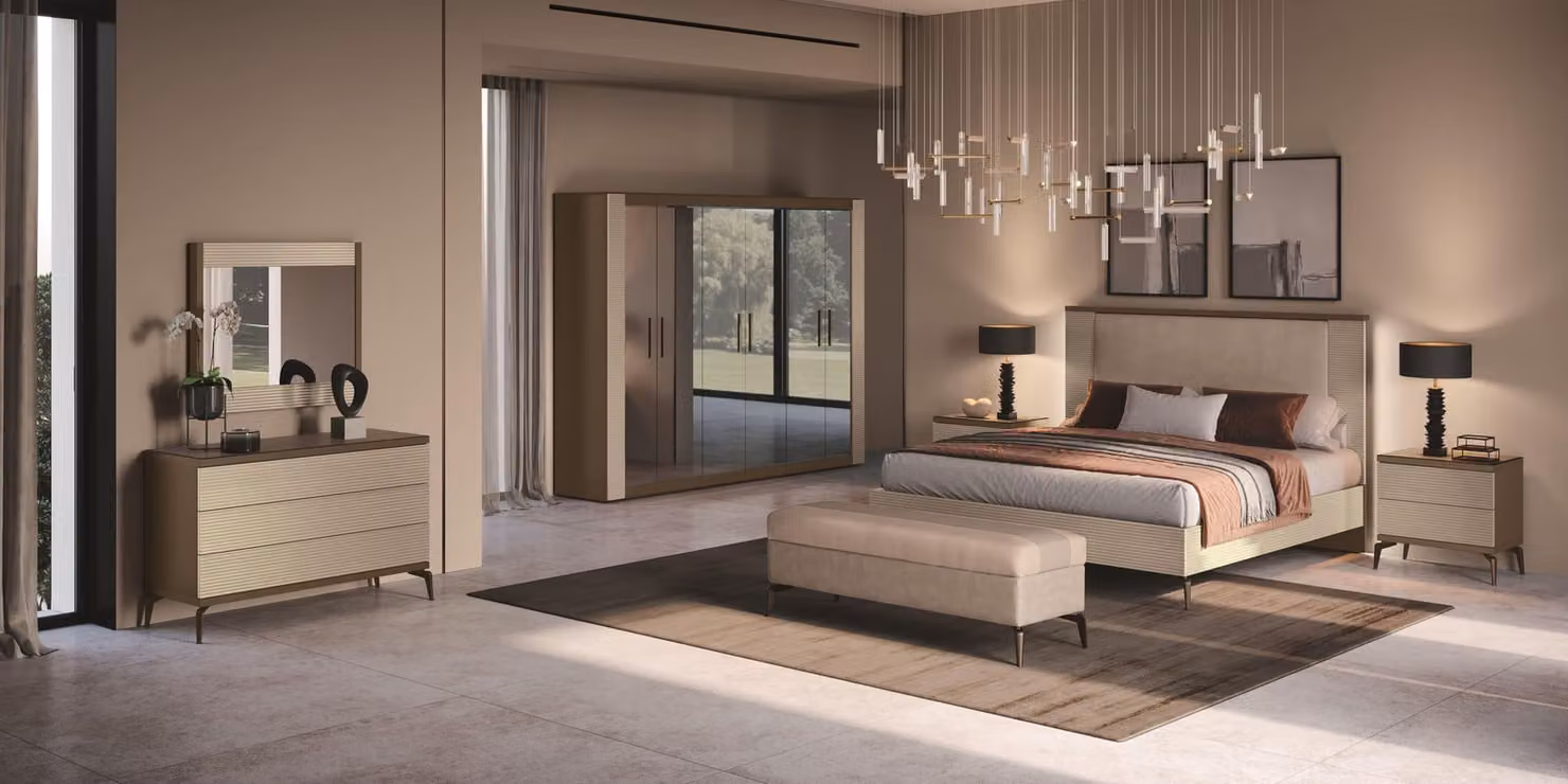 Il set camera da letto moderno e luminoso (letto + armadio + panca + 2 comodini + cassettiera)