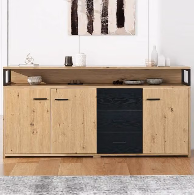 Madia con 3 ante; 3 cassetti e vani a giorno in truciolare; nero e marrone; 150 × 35 × 75;9 cm