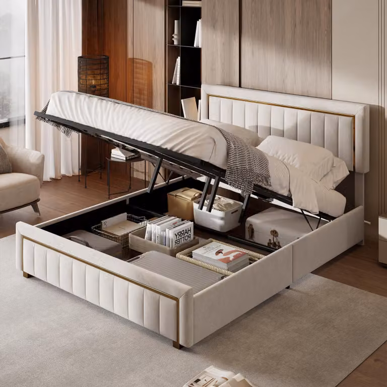 Letto imbottito 180x200 cm con spazio contenitore, letto matrimoniale con rete a doghe e sistema di sollevamento idraulico, letto in velluto con testiera imbottita, dettagli dorati, color beige, senza materasso