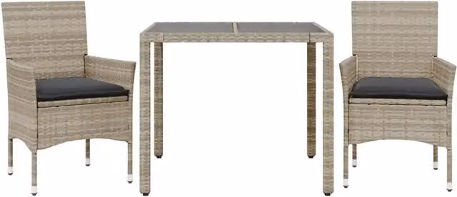 Set Pranzo da Giardino 3 Pezzi in Polyrattan Grigio con Tavolo in Vetro e Cuscini