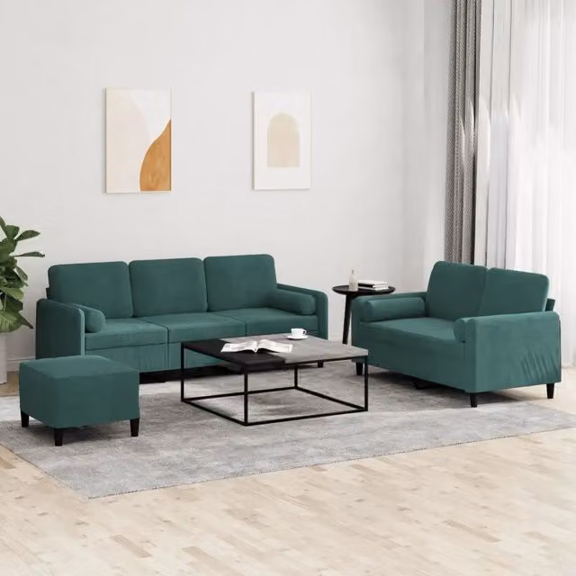 Set di divani 3 pezzi vidaXL in velluto verde con pouf e cuscini per soggiorno moderno – 1