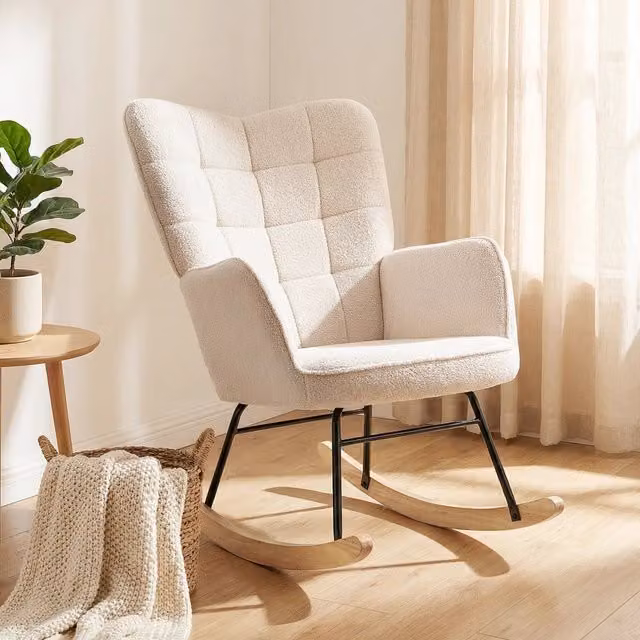 Poltrona a dondolo imbottita Xylo in legno e acciaio beige L: 71 cm, P: 98 cm, H: 101 cm – 1