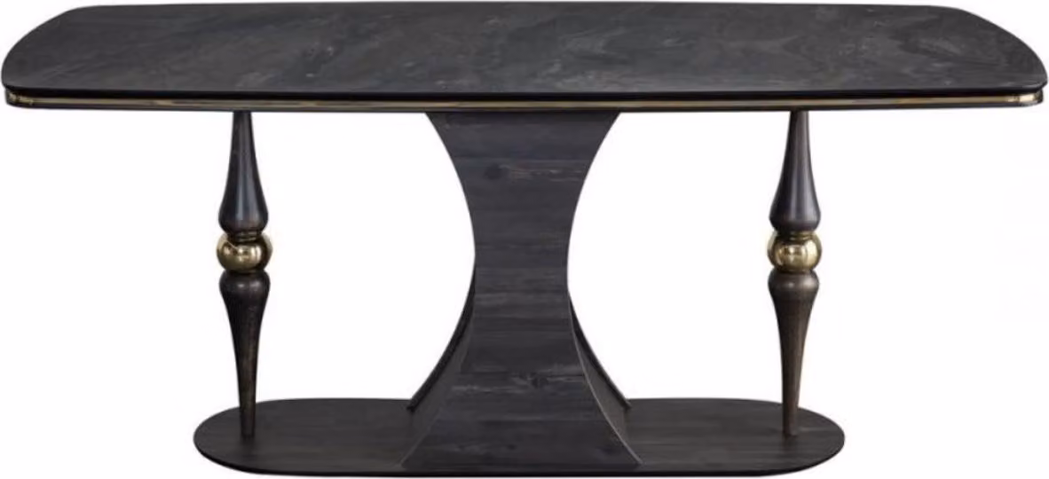Casa Padrino tavolo da pranzo Art Deco colori grigio / nero / ottone 183 x 92 x h. 77 cm - Elegante tavolo da pranzo con piano in vetro effetto marmo - Mobili da sala da pranzo Art Deco