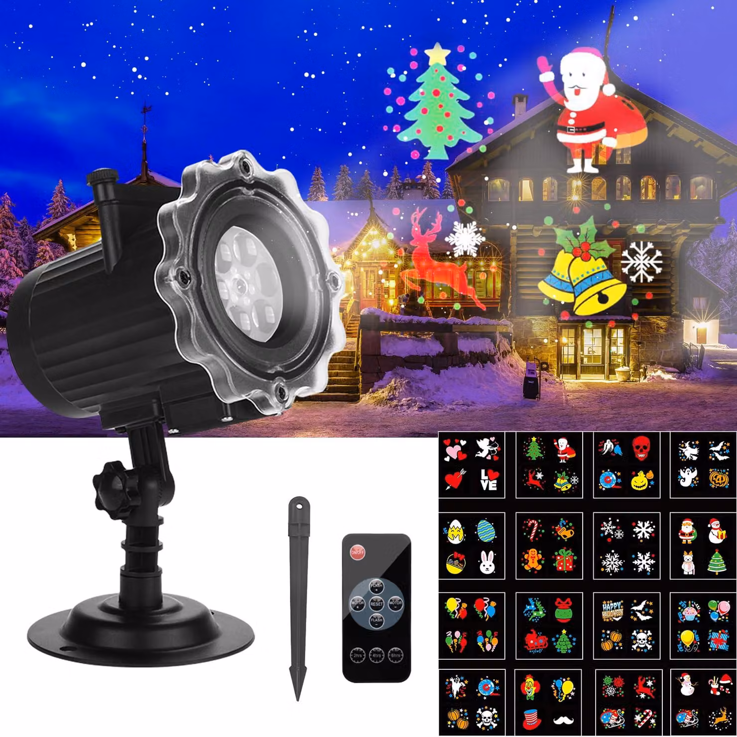 Proiettore LED con 16 diapositive, telecomando, grado di protezione IP65, ideale per feste