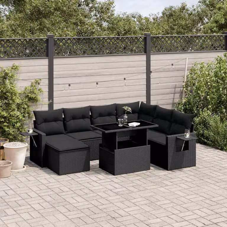 Set Divani da Giardino vidaXL 9 pz a Forma a L con Cuscini Nero in Polyrattan e Struttura in Acciaio