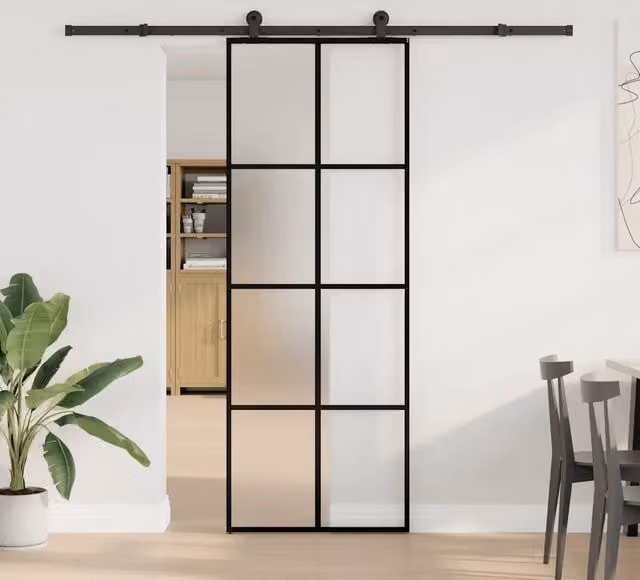 Porta Scorrevole Minimalista vidaXL in Vetro e Alluminio Nero L: 76 cm, H: 205 cm