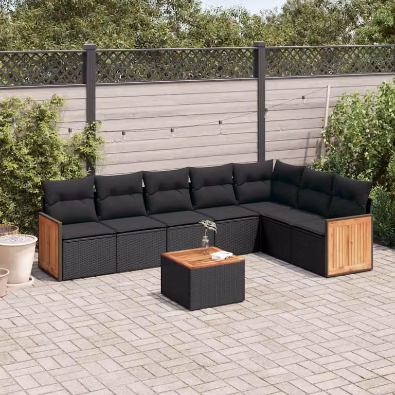 vidaXL Set Divani da Giardino a L in Polyrattan Nero con 8 Cuscini e Tavolino da Esterno