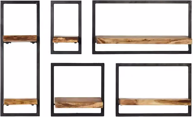 Set di 5 mensole in legno massello di acacia e acciaio in stile industrial, colore marrone – 1