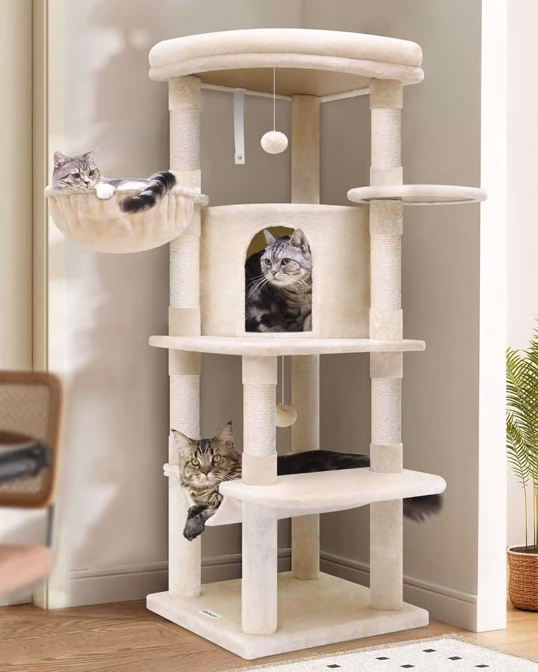 Albero per gatti, colore beige, altezza 130 cm, con piattaforma e amaca, ideale per l'ambiente domestico