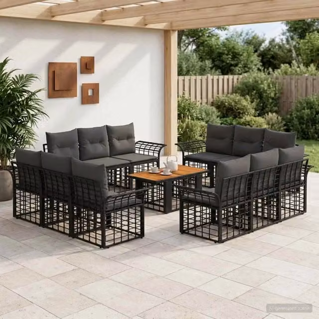 Set Divano da Giardino a Forma a U vidaXL in Polyrattan Nero e Grigio con Cuscini e Tavolino – 1