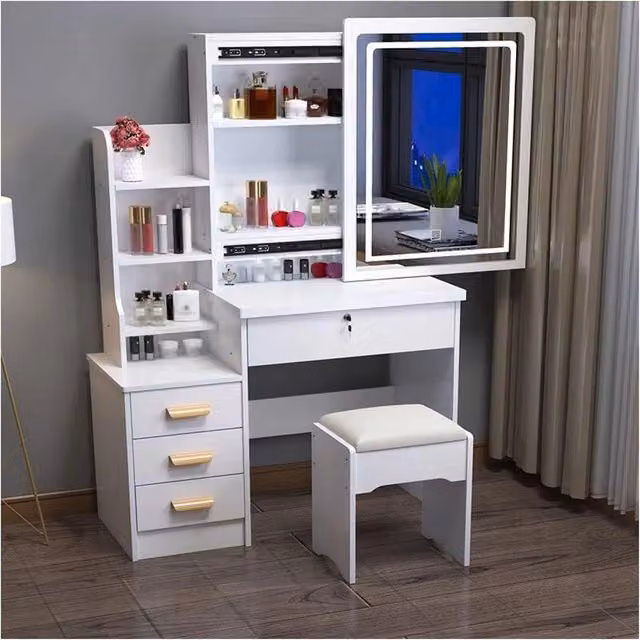 Set Tavolo da Toeletta Trade Shop Traesio con Specchio LED Hollywood e Sgabello con Cassetti, Bianco – 1