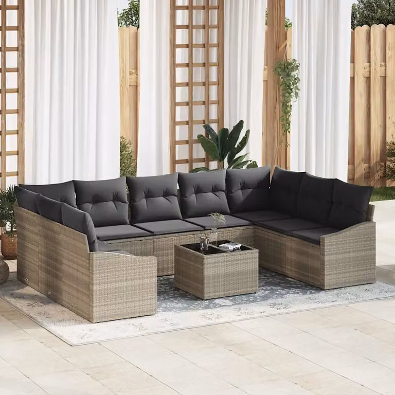 Set di divani da giardino vidaXL in polyrattan grigio chiaro con cuscini e tavolino da esterno